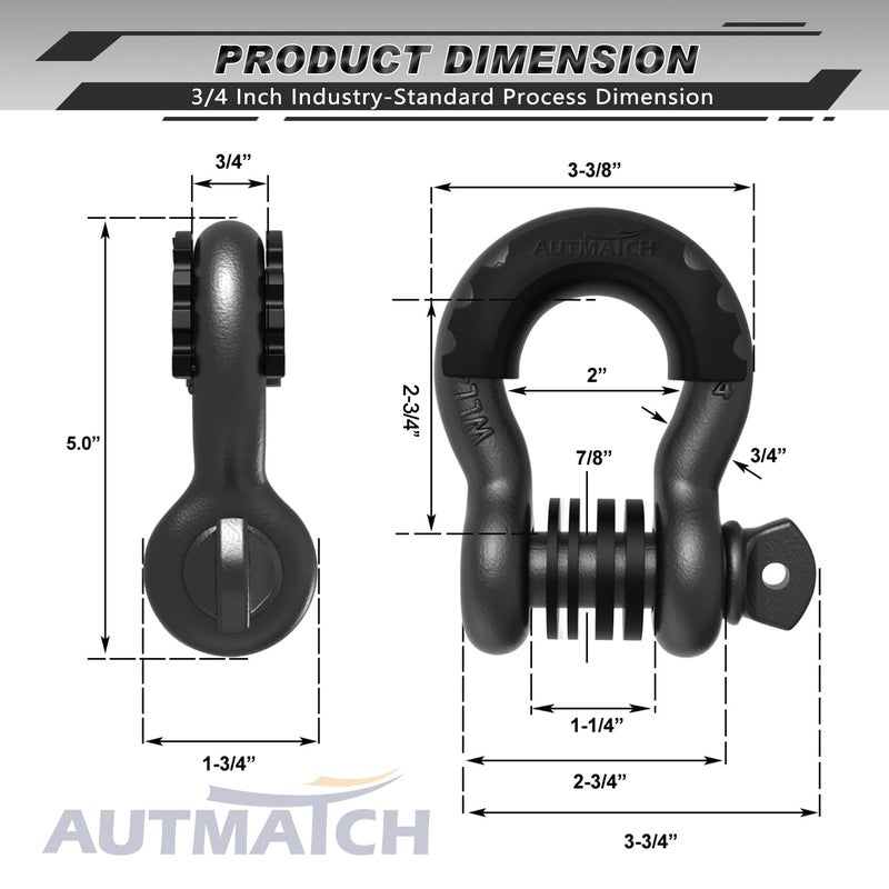 AUTMATCH D Ring تكبل 3/4 بوصة (عبوة من قطعتين) قوة كسر 41,887 رطل، تكبل Clevis مع دبوس لولبي 7/8 بوصة ومجموعة غسالات عازلة لحزام السحب ونش استعادة المركبات على الطرق الوعرة، رمادي معدني - Image 3